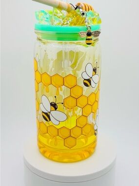 Bee Honeycomb Glass Jar Art with Mint Lid - Snow Globe Tumbler 16 oz